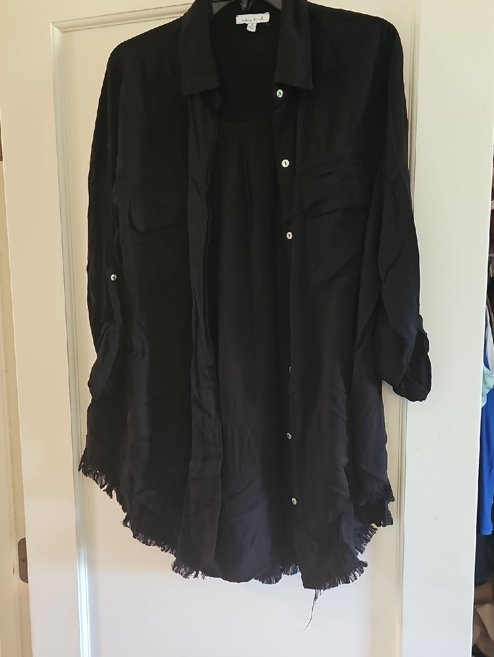 white birch Black Fringe-Hem Button Front Shirt Jacket